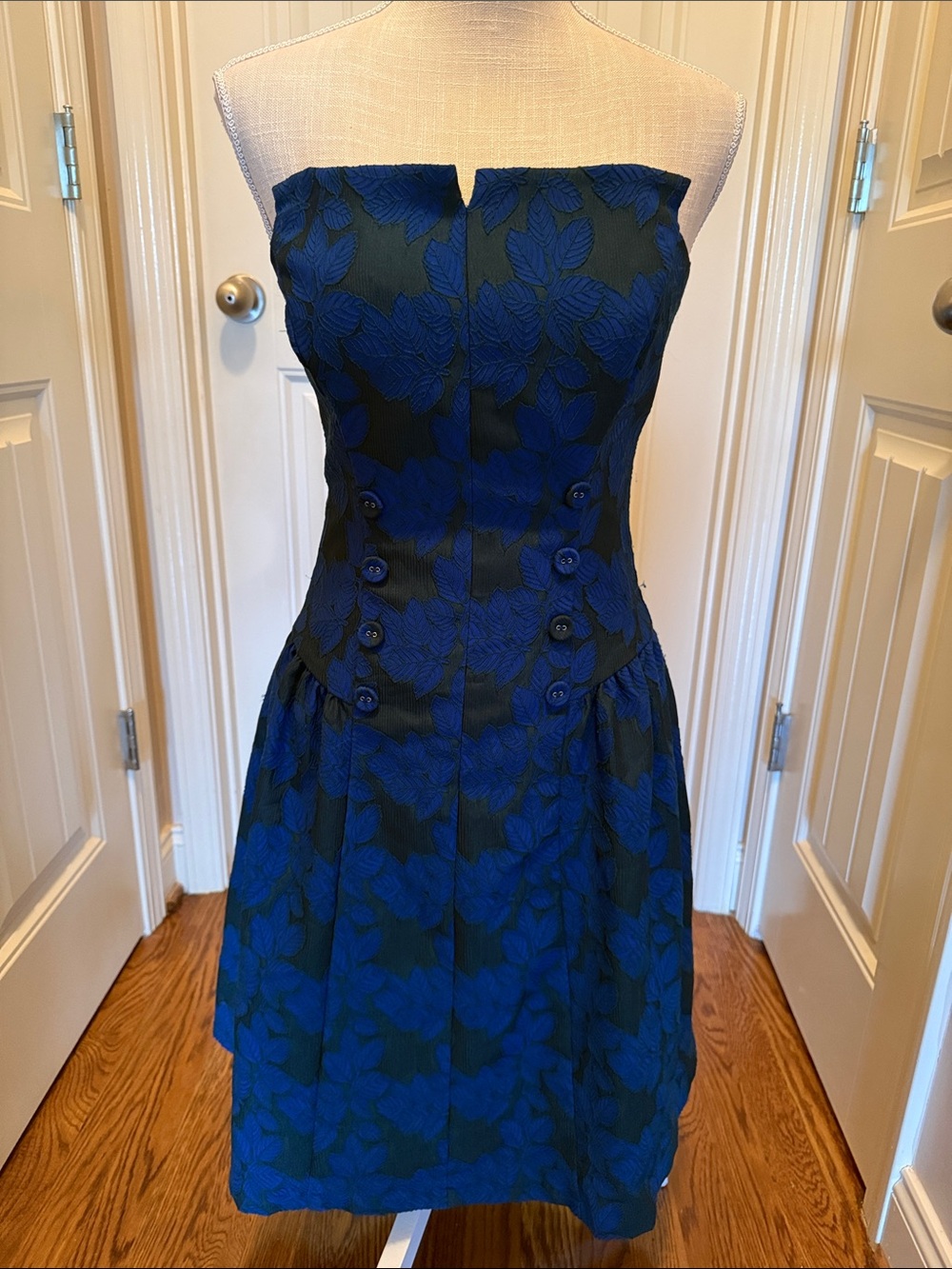 Eva Franco Royal blue and Olive green Strapless Floral Dress